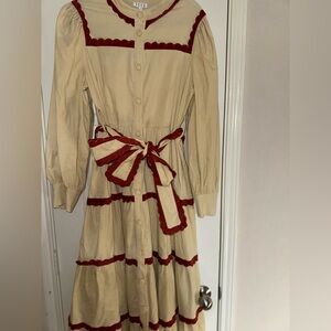 TCEC Beige Dress with Red Trim - Long Sleeve Belted Cotton Dress